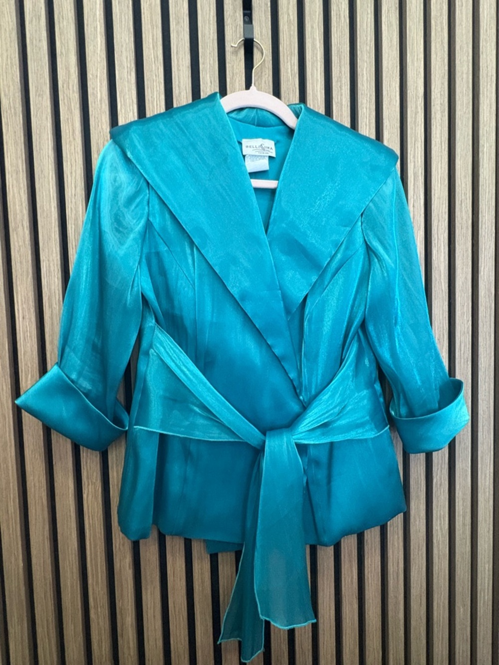 Bellanova Teal Satin Shawl-Collar Tie-Waist Blazer
